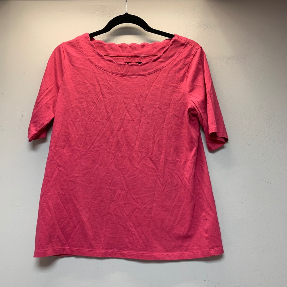 Talbots Pima Cotton Top Womens Medium Pink Good Scalloped Neck Elbow Sleeve